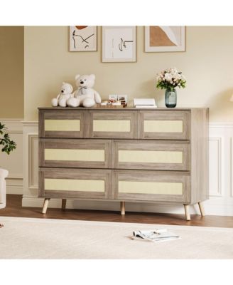 Rattan 7 Drawer Dresser for Bedroom, Modern Farmhouse Chest of Drawers with Storage, Wooden Clothes Dresser for Nursery, Entryway