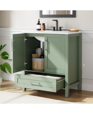 Bathroom Vanity with Ceramic Sink, Bathroom Storage Cabinet with Drawer and 2 Soft Closing Doors, Single Sink Bathroom Vanity with Integral Top