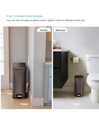 8 Gallon and 3 Gallon Slim Stainless Steel Trash Can Combo Set with Step Pedals and Soft Close Lids