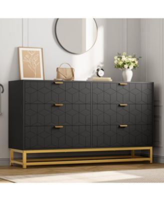 53.5" Wide Modern 6 Drawer Dresser Chest, Gold Metal Legs & Handles, Wood Storage Organizer for Bedroom.