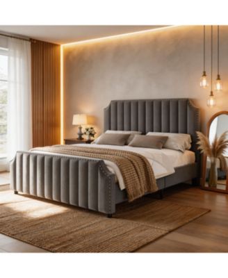 Upholstered Bed Frame with Headboard and Footboard, Bed Frame with Strong Wooden Slats Support