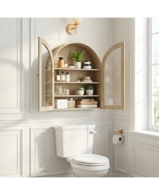 Arched Bathroom Wall Cabinet with Glass Doors and Adjustable Shelves, Wood Over Toilet Storage Organizer for Bathroom and Laundry Room