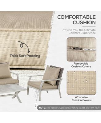 Outdoor 4pcs Patio Furniture Set, 2 Plastic Rattan Chairs, 1 PE Wicker Loveseat Sofa, 1 Center Coffee Table, Soft Cushions for Backyard, Garden, Grey