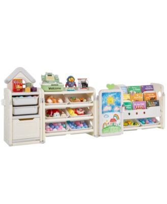 4-Tier Kids Toy Storage with Bookshelf, Drawing Board and 10 Bins, 88.6 x 36 in