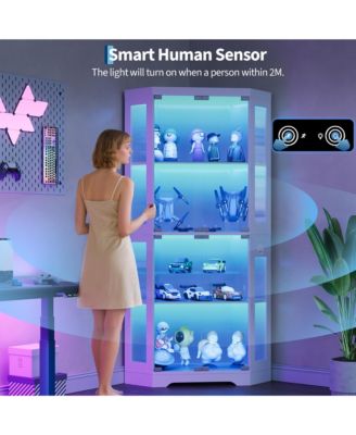 Modern Glass Corner Display Cabinet – 4 Tiers, Glass Doors, 3-Color LED Lighting, Motion Detector, Charging Ports