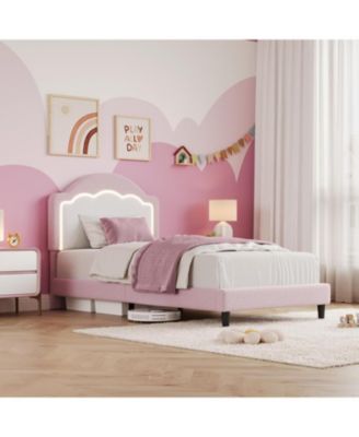 Upholstered Bed Frame with LED Lights and Adjustable Headboard, Sherpa Fabric Platform
