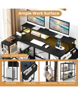 L-Shaped Gaming Desk with LED Lights and Power Outlets