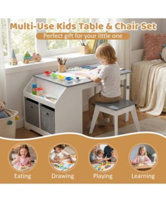 Kids Art Table and Stool Set with Paper Roll and 4 Paint Cups