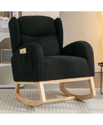 1 Pc Teddy Fabric & Wooden Frame Built in Pocket Ergonomic Backrest Rocking Chair