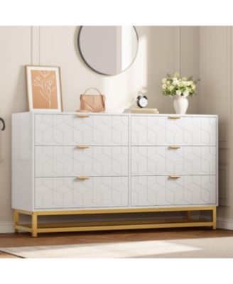 Wide Modern 6 Drawer Dresser Chest, Gold Metal Legs & Handles, Wood Storage Organizer for Bedroom