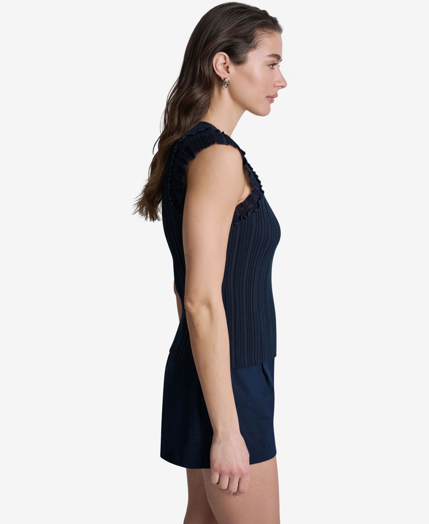 Women's Ribbed Ruffle Cap-Sleeve Crewneck Top