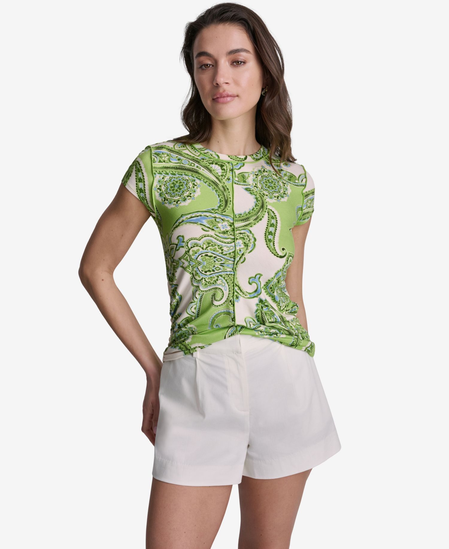Women's Paisley Print Crewneck Cap-Sleeve Top