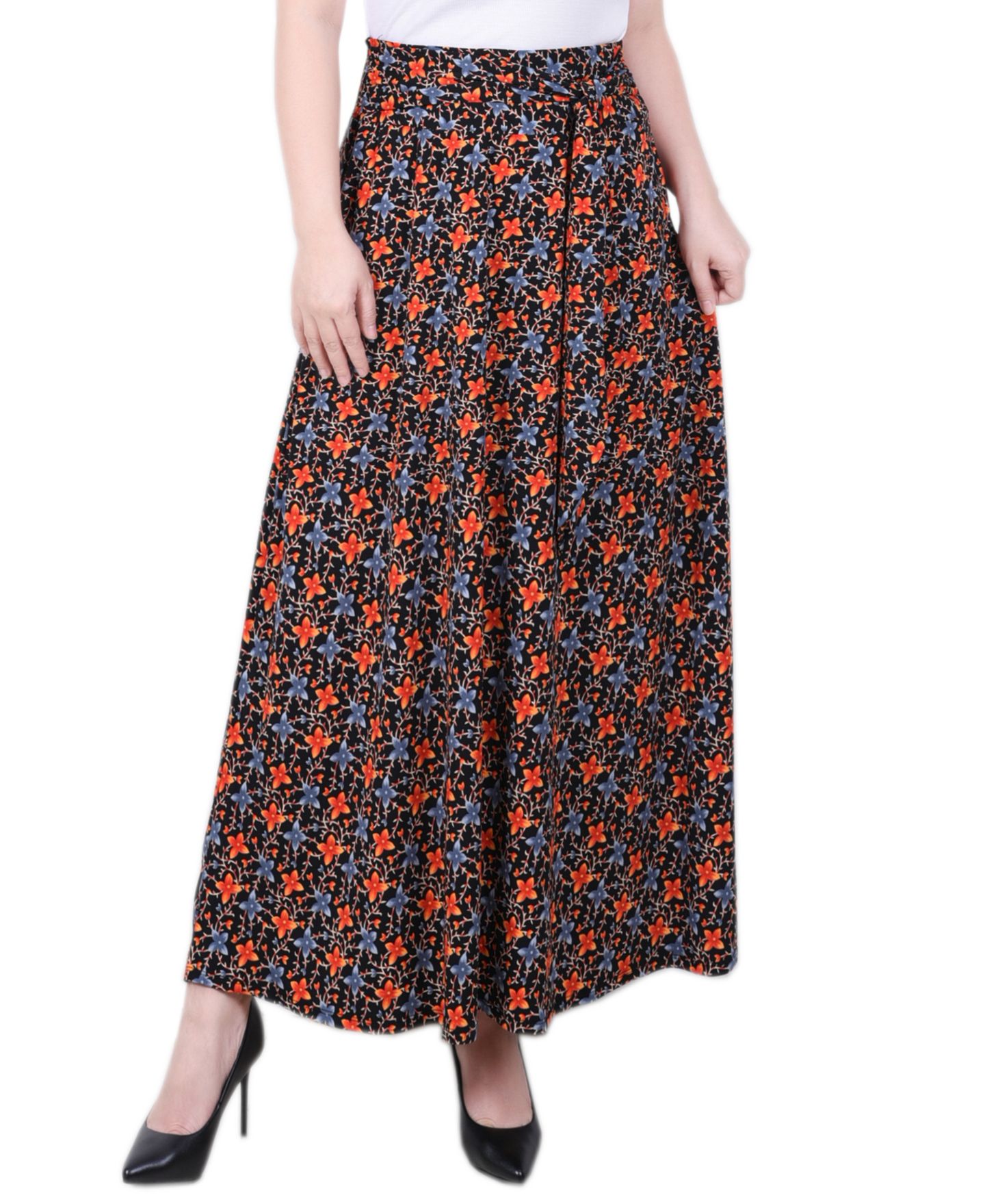 Женская юбка NY Collection Maxi Skirt With Sash Waist Tie, цвет: Чёрный оранжевый с принтом — фото 1