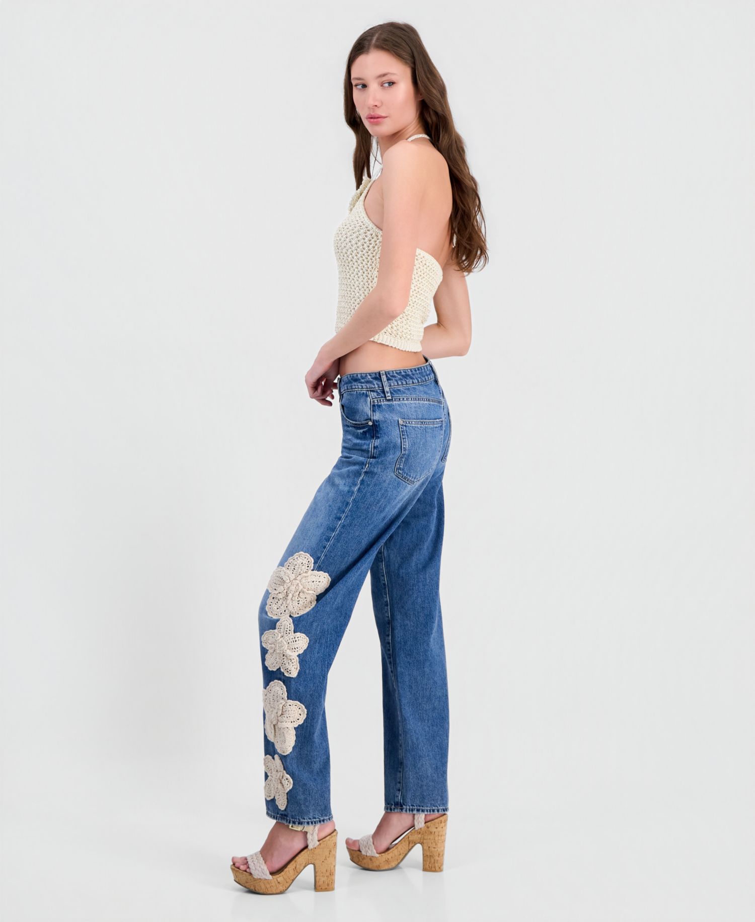 Women's Gaia High Rise Floral Crochet Straight-Leg Jeans