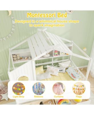 House Bed Kids Bed Frame w/ 2 Storage Drawers & Fence Guardrails