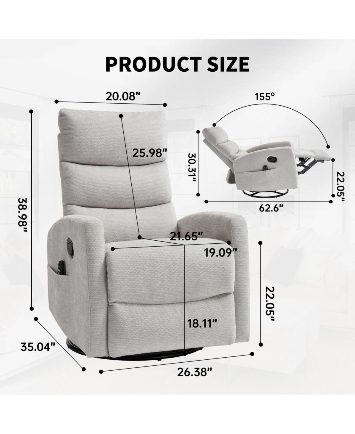 Streamdale Furniture Streamdale Heat Massage Rocker Recliner Chair, Swivel Fabric