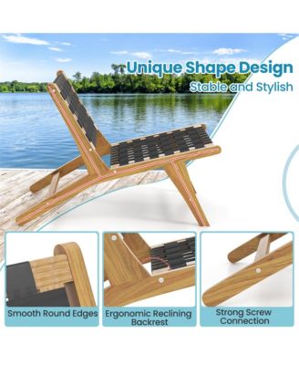 Teak Wooden Chair w/ Woven Webbing Seat and Backrest for Patio Mid Century Modern