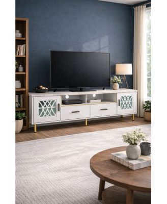 Faux Marble Top 71-Inch TV Stand with Glass Doors and Gold Legs