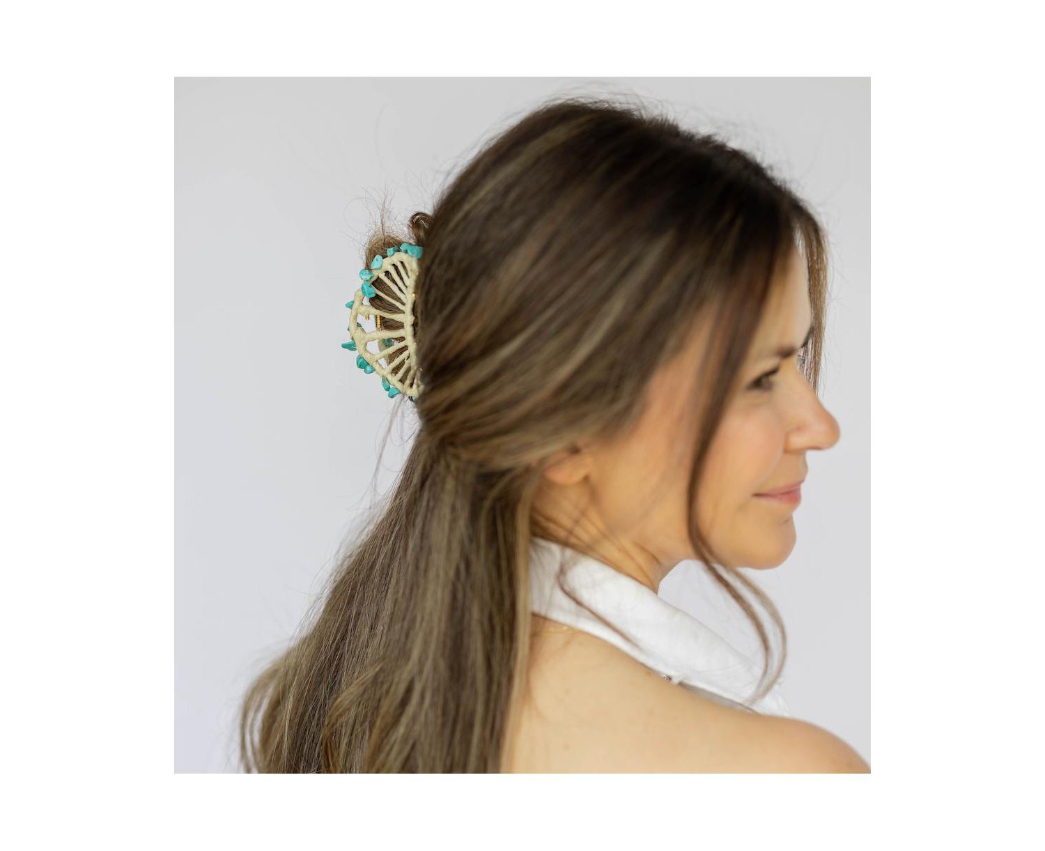 Women's Raffia Seashell Hair Claw Clip - Teal