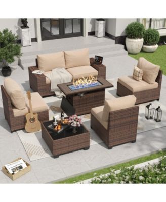 7 Piece Wicker Outdoor Sectional Sofa Set with Cushions with 44 Propane Fire Pit Table