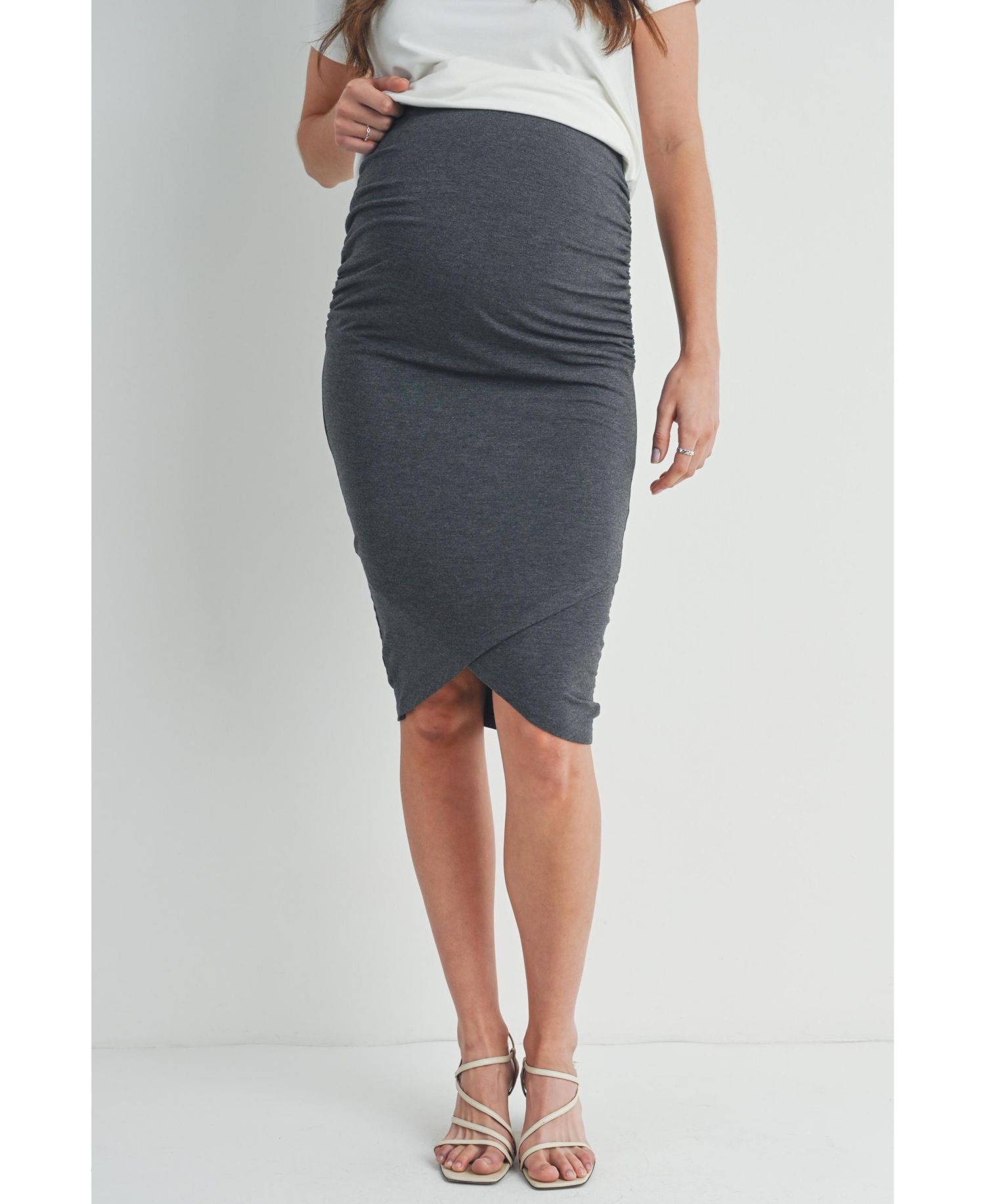 Maternity Ruched Slim Fit Knee-Length Skirt with Over-the-Belly Waist