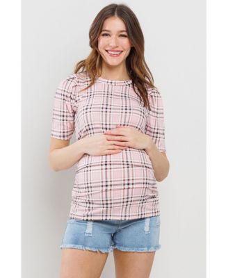 Maternity Plaid Ruched Puff Sleeve Fitted Top