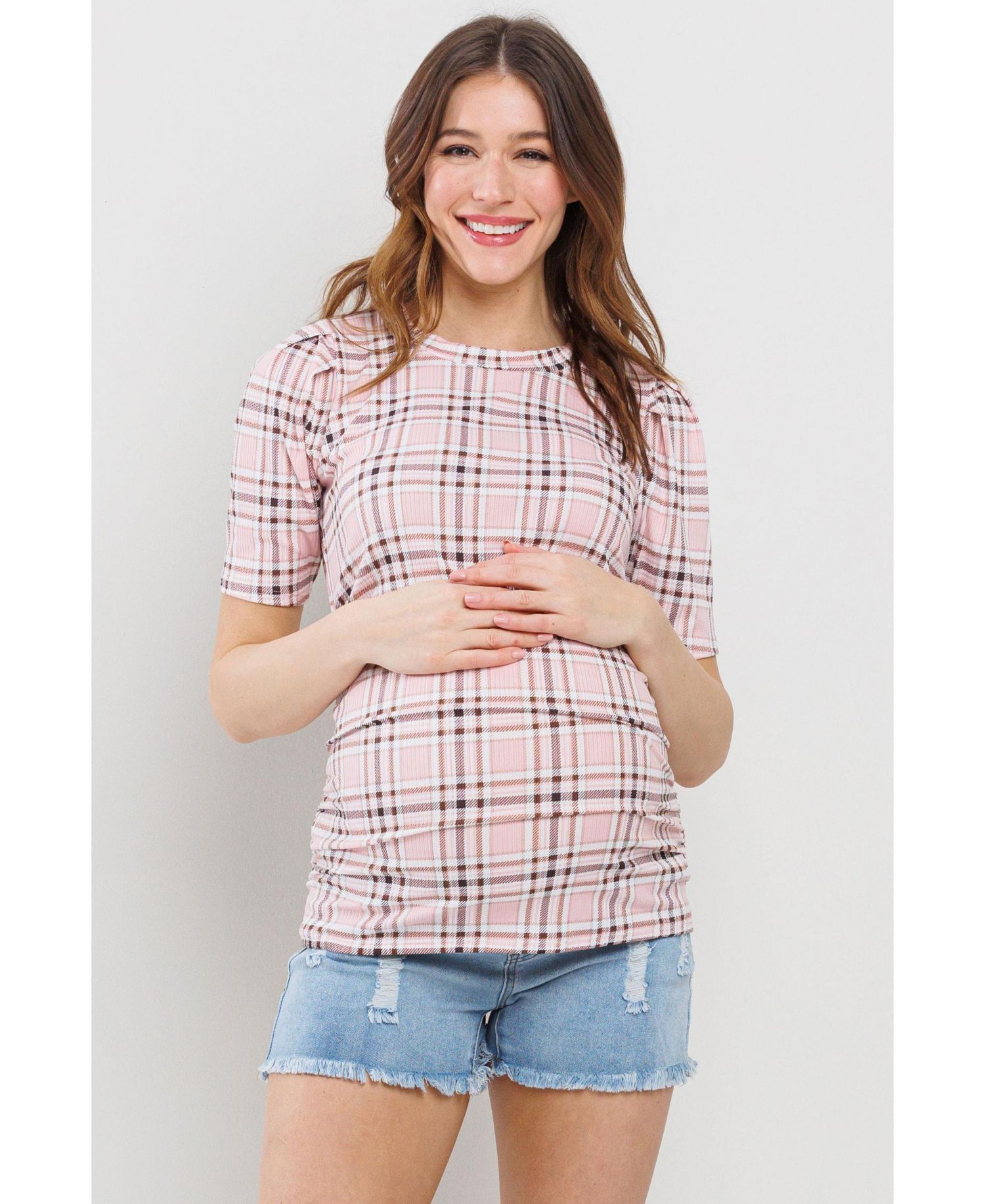 Maternity Plaid Ruched Puff Sleeve Fitted Top