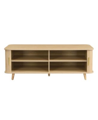 Modern Mid-Century Coffee Table with Storage - 4 Open Shelves and 2 Tambour Doors for Living Room, Home Theater