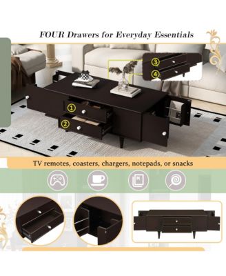47.2" Modern Wooden Rectangular Coffee Table, Center Table with 4 Drawers and 2 Side Hidden Storage Compartments for Living Room