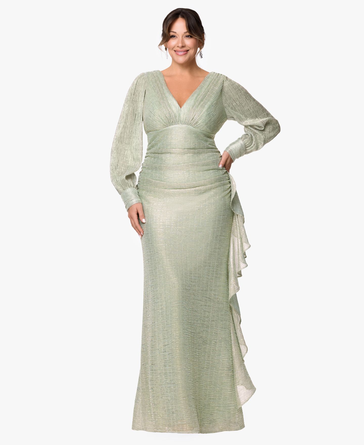 Женское платье Betsy & Adam V-Neck Ball Gown, цвет: Шалфейный золотой — фото 2