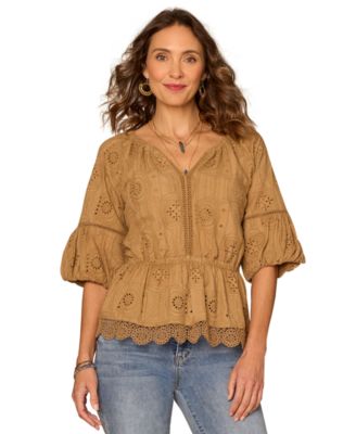 Petite Bubble-Sleeve Split Neck Top