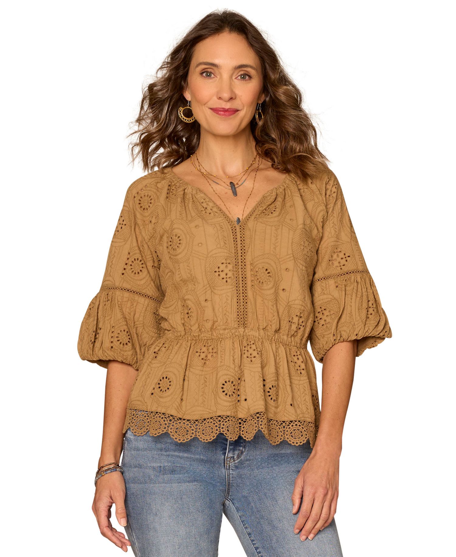 Petite Bubble-Sleeve Split Neck Top