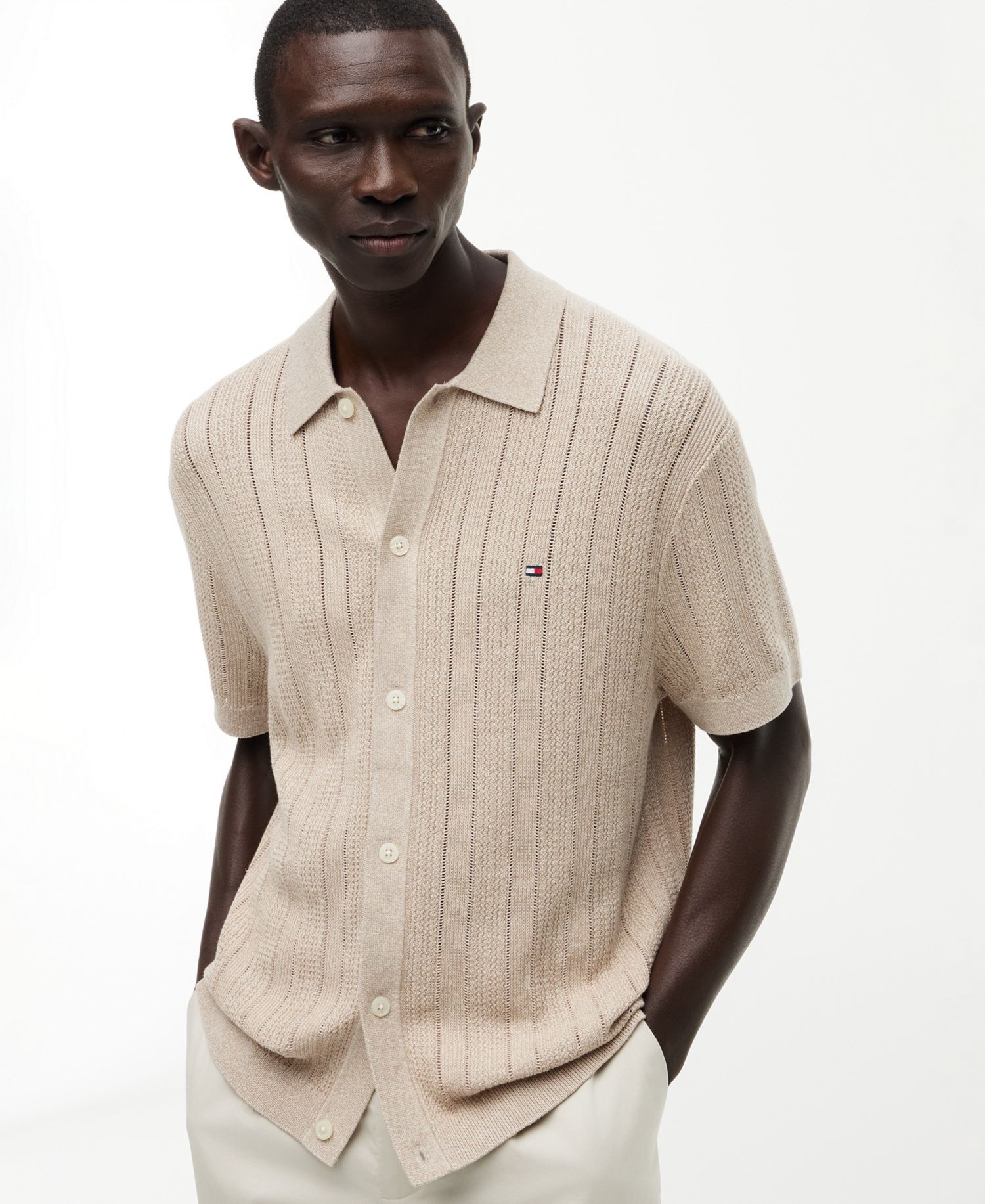 Men's Pointelle Structure Short-Sleeve Coat Front Sweater