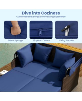 Outdoor Rattan Daybed with Retractable Canopy and Side Tables