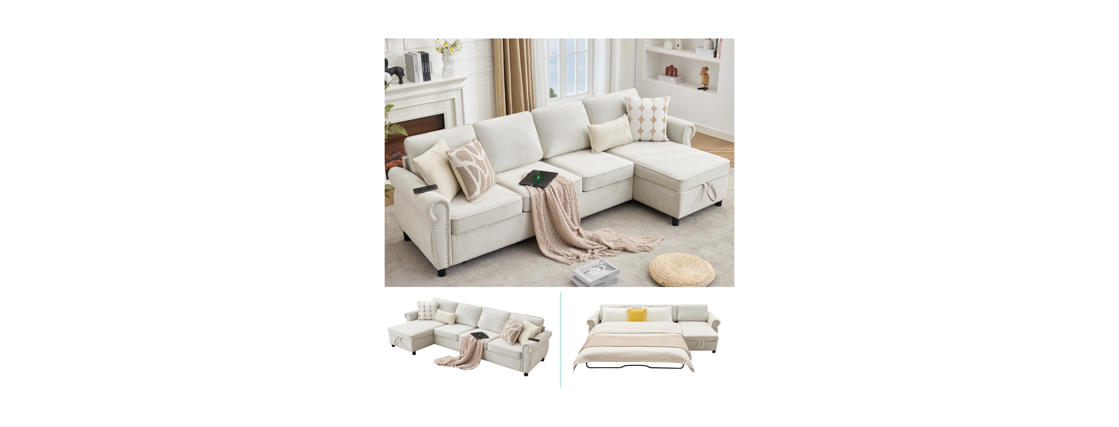 Streamdale Furniture 106.5" Modular L-Shape Pull Out Sofa Bed with Charging