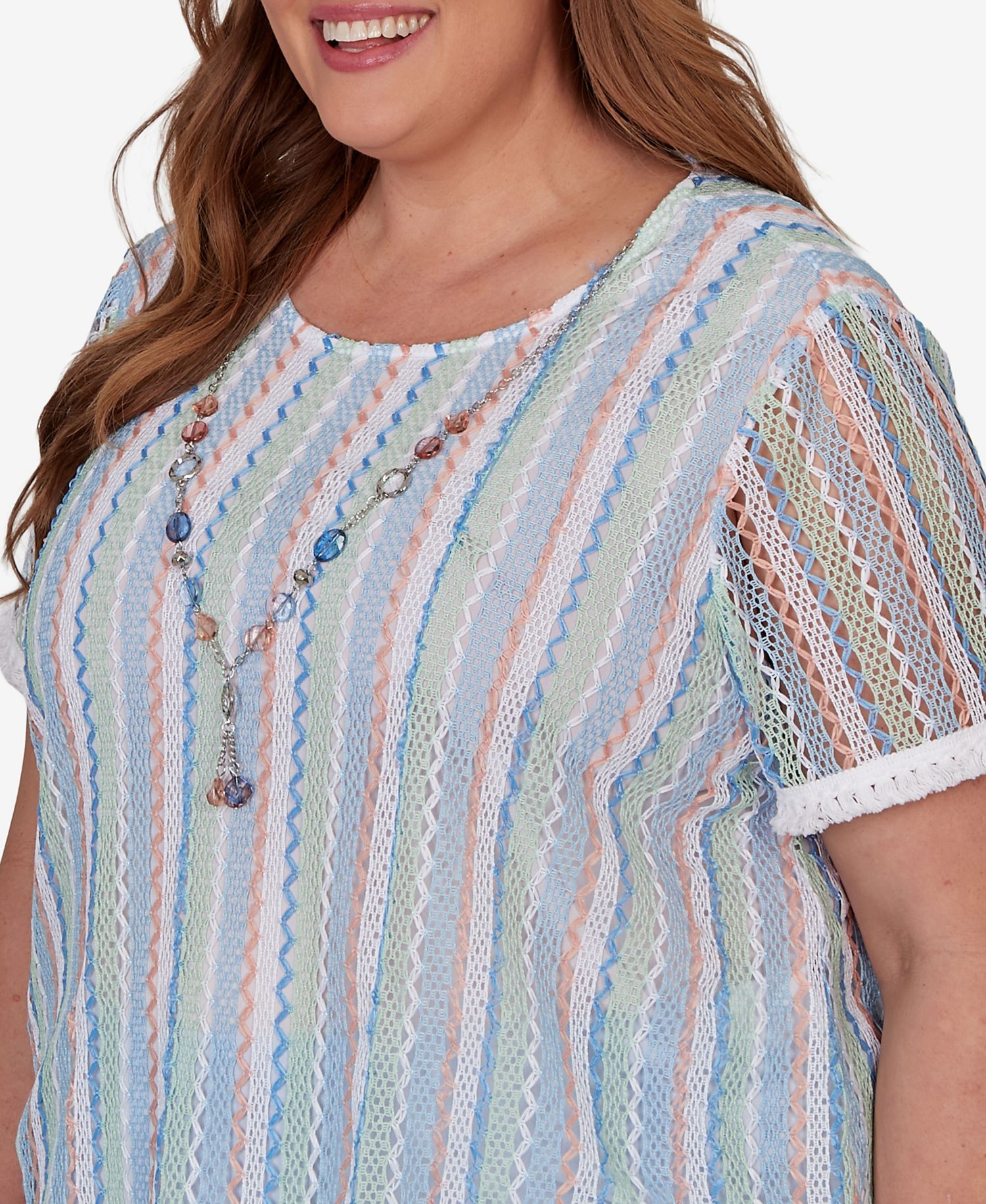 Plus Size Caribbean Blues Textured Stripe T-Shirt with Necklace