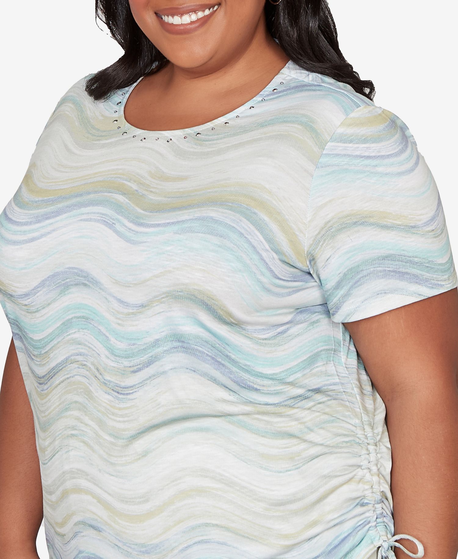 Plus Size Vintage Charm Wavy Biadere Side Tie Ruched T-Shirt