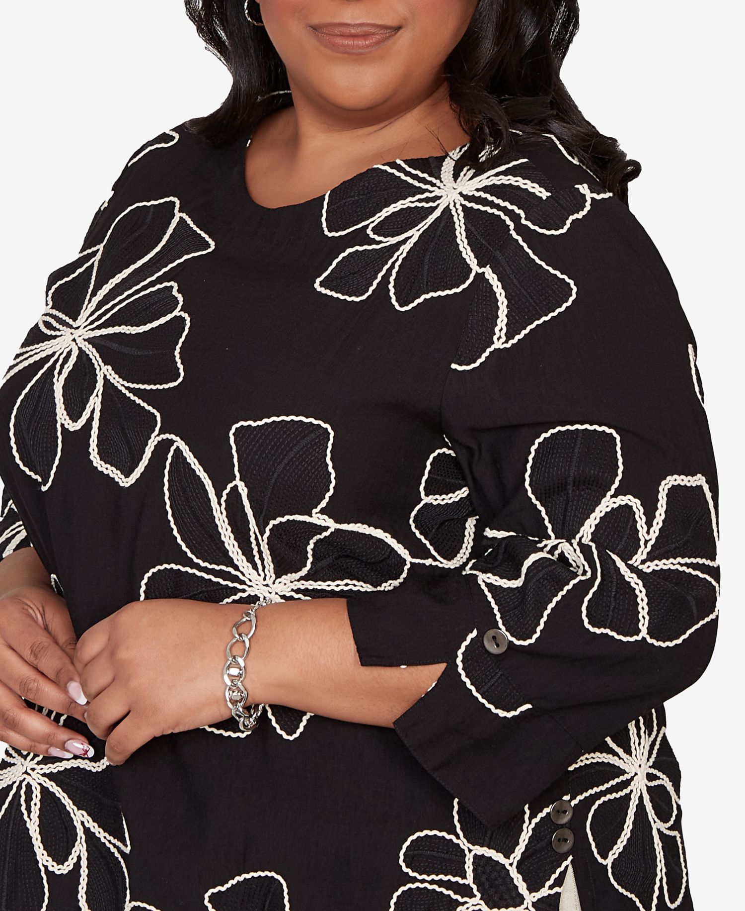 Plus Size Detail Driven Flower Soutache Three Quarter-Sleeve Top