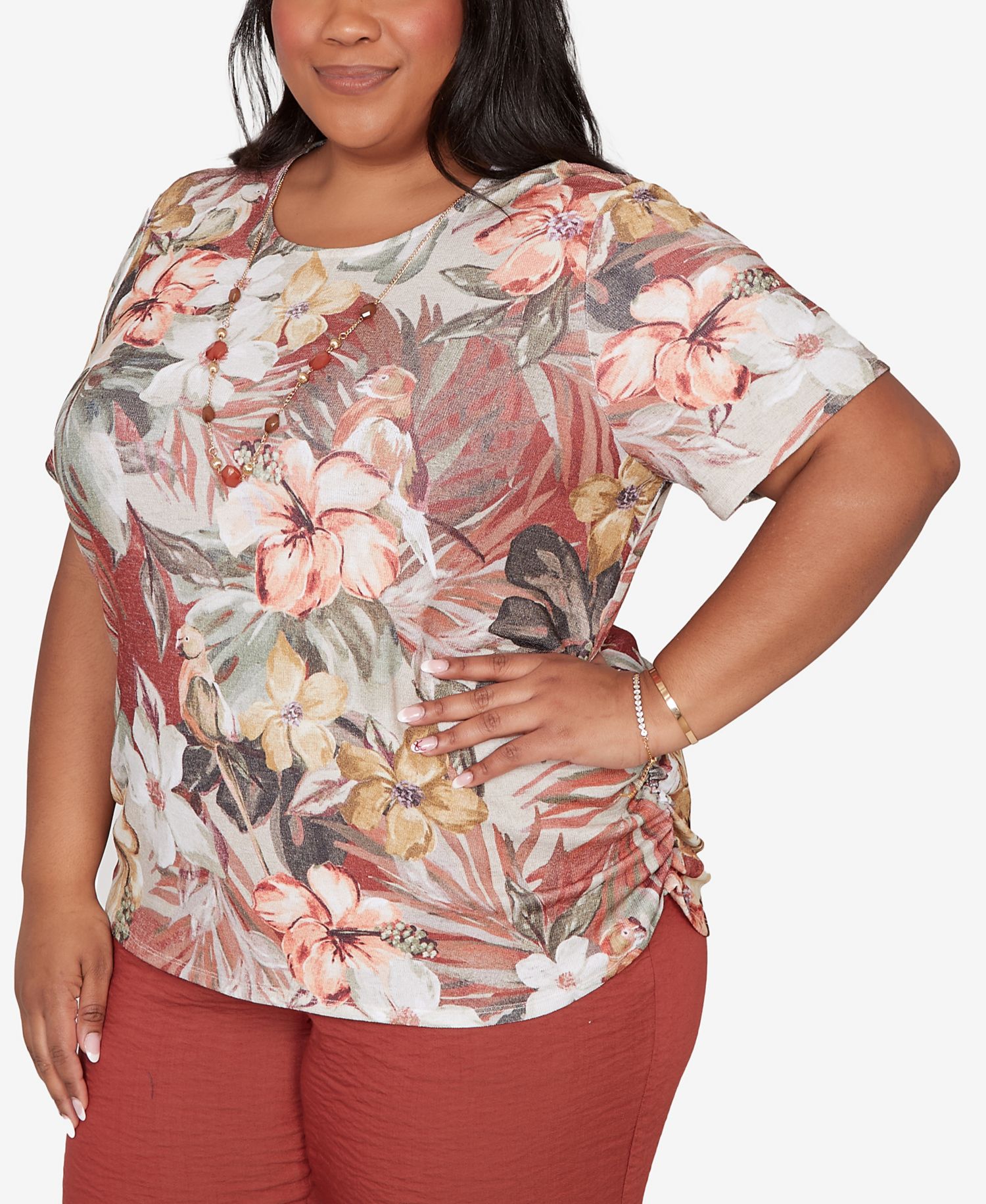 Plus Size Spice Market Dramatic Floral T-Shirt with Necklace