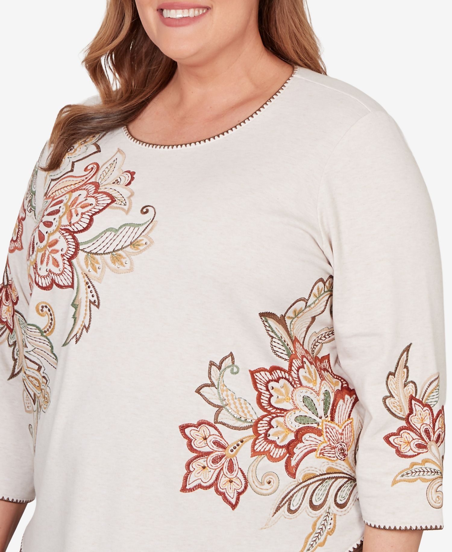 Plus Size Spice Market Asymmetrical Scroll Floral Round Hem Top