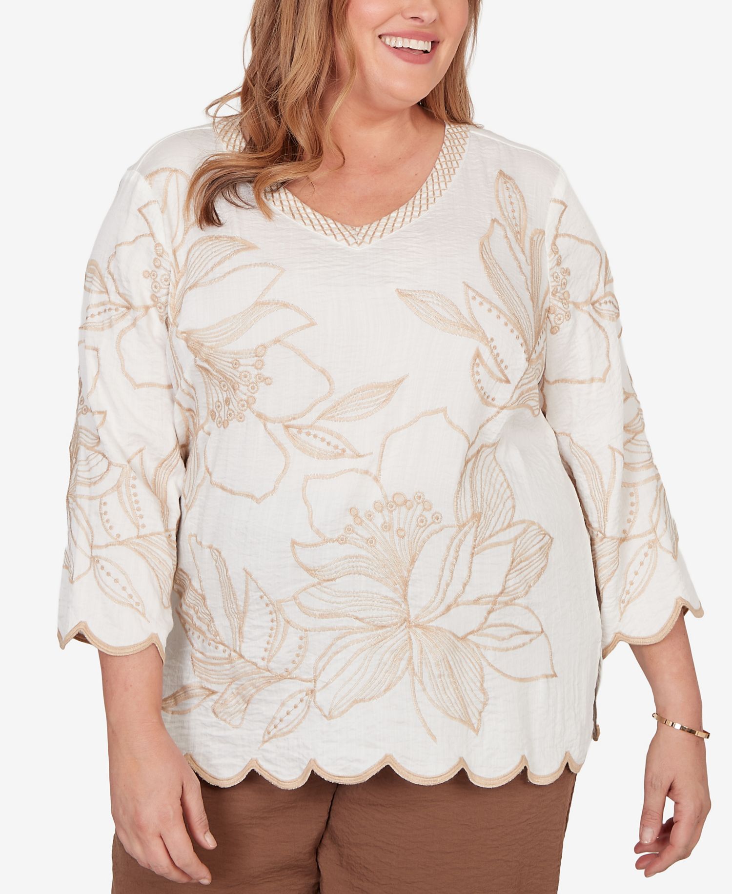 Plus Size Spice Market Embroidered Floral V-Neck Textured Top