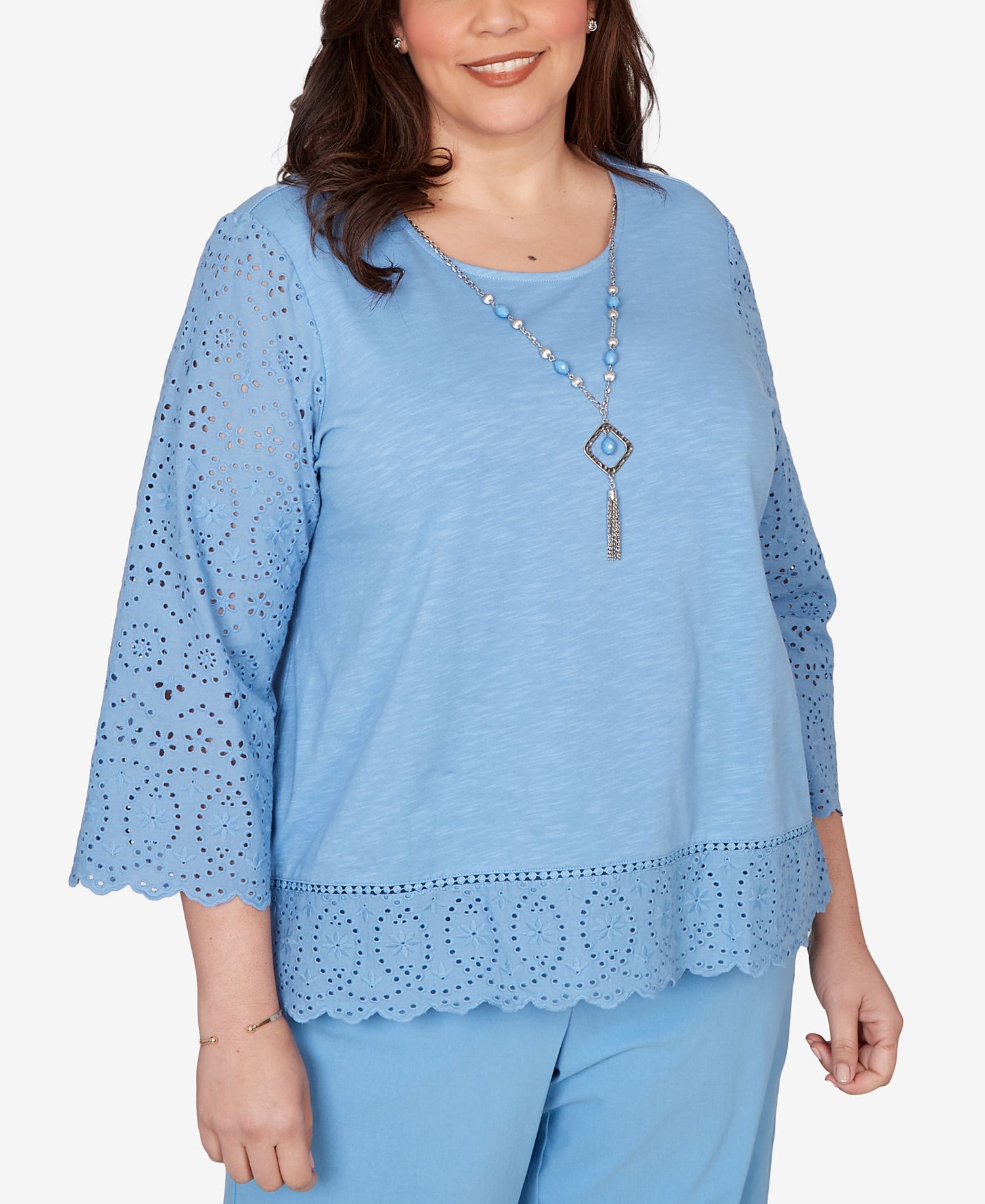 Plus Size St. Augustine Solid Eyelet Trim Top with Necklace