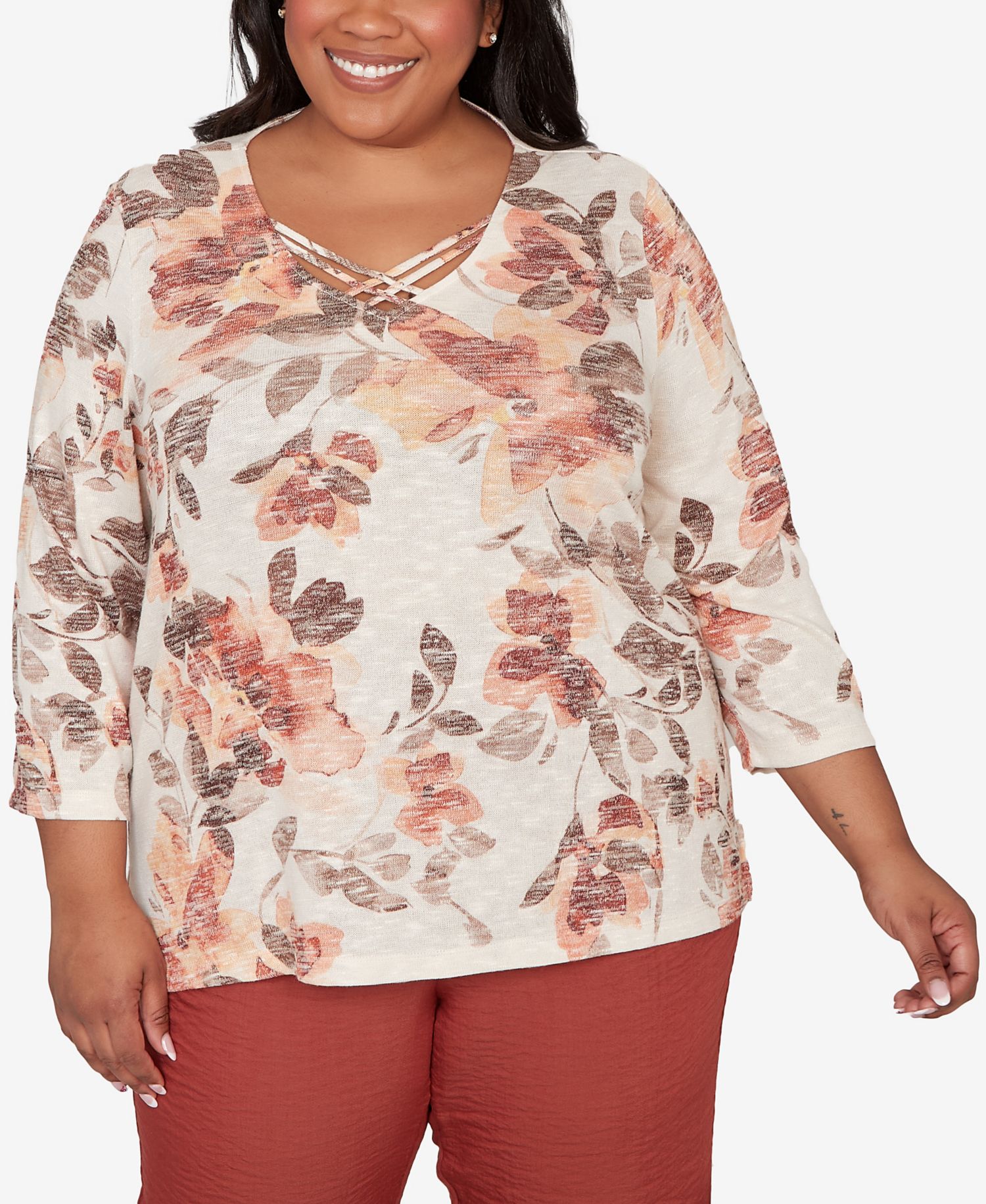 Plus Size Spice Market Embellished Neck Watercolor Floral Top