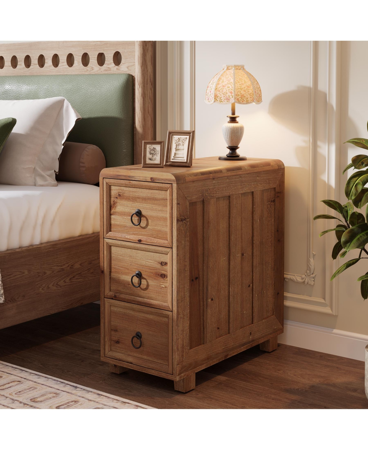 Tribesigns Solid Wood End Table with 3 Drawers Set of 2, Narrow Sofa Side Table Nightstand Storage Cabinet for Living Room Bedroom Office