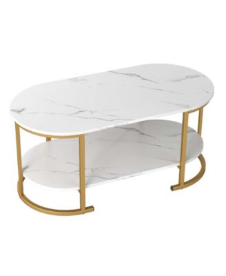 Wooden Oval Coffee Table 2 Tier with Open Storage Shelf