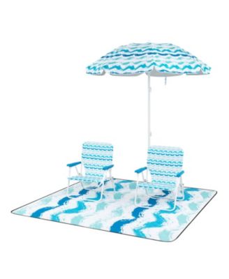 4-Piece Beach Umbrella Set with Two Foldable Chairs UPF 50+ Canopy and Picnic Blanket