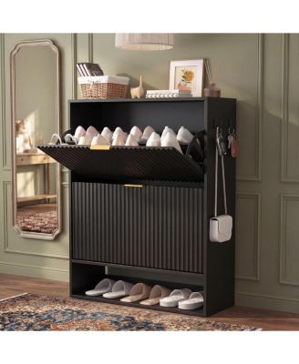 Fluted Shoe Cabinet with 2 Flip Drawers, Open Shelf and Side Hooks, Slim Entryway Storage for Hallway or Foyer