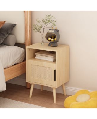 Oak Rattan Nightstand with Door and Open Shelf - Solid Wood Legs Accent End Table
