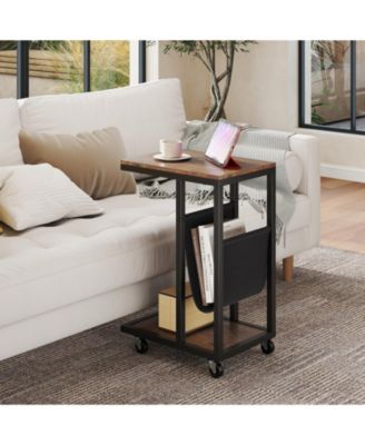 C-shaped Side Table with Canvas Storage Pouch and Metal Frame