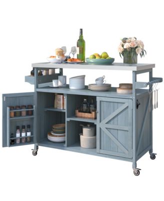 Outdoor Kitchen Island and Rolling Bar Cart, Farmhouse Solid Wood Grill Table with Stainless Steel Top, Spice Rack and Towel Rack
